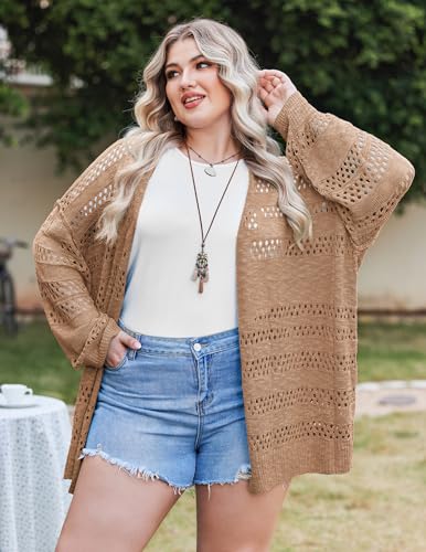 Image of IN'VOLAND Womens Plus Size Crochet Cardigan Lightweight Long Sleeve Open Front Oversized Boho Sweaters Kimonos