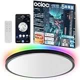 【Alexa認定-5年保証】OCIOC LEDシーリングライト RGB間接光 6畳 8畳 節電対策 オシャレ 導光板 フラット薄型 調光 調色 常夜灯 北欧風 工事不要 簡単取付 防振ワイヤーロープ メーカー5年保証 (6畳用 300mm 黒枠, スマート 間接光(RGB))