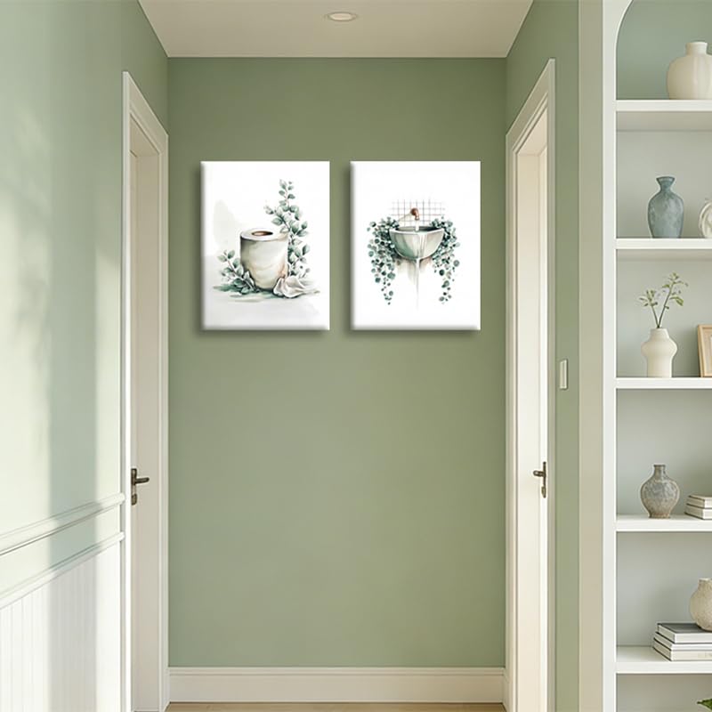 Image of Frimeeme 3 Piece Sage Green Botanical Bathroom Canvas Wall Art & Decor