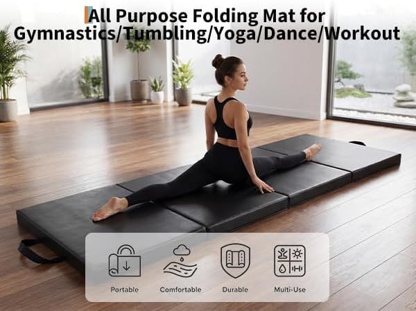 GarveeLife 6x2Ft Folding Gymnastics Mat, Exercise Mats & Gymnastics Tumbling Mats, Thick Portable Home Gym Floor Pad for Yoga, Pilates, Aerobics & Martial Arts Training, Four Pads Folding design - Image 8