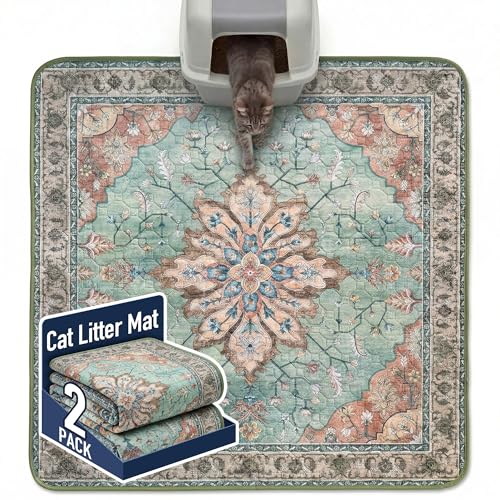 Hompet Cat Litter Mat 2 Pack, 54x54 Large Machine Washable Trapping Mats for Cats, Super Absorbent & Urine-Proof Cat Litter Box Mat for Floor, Waterproof & Non Slip Kitty Litter Rug