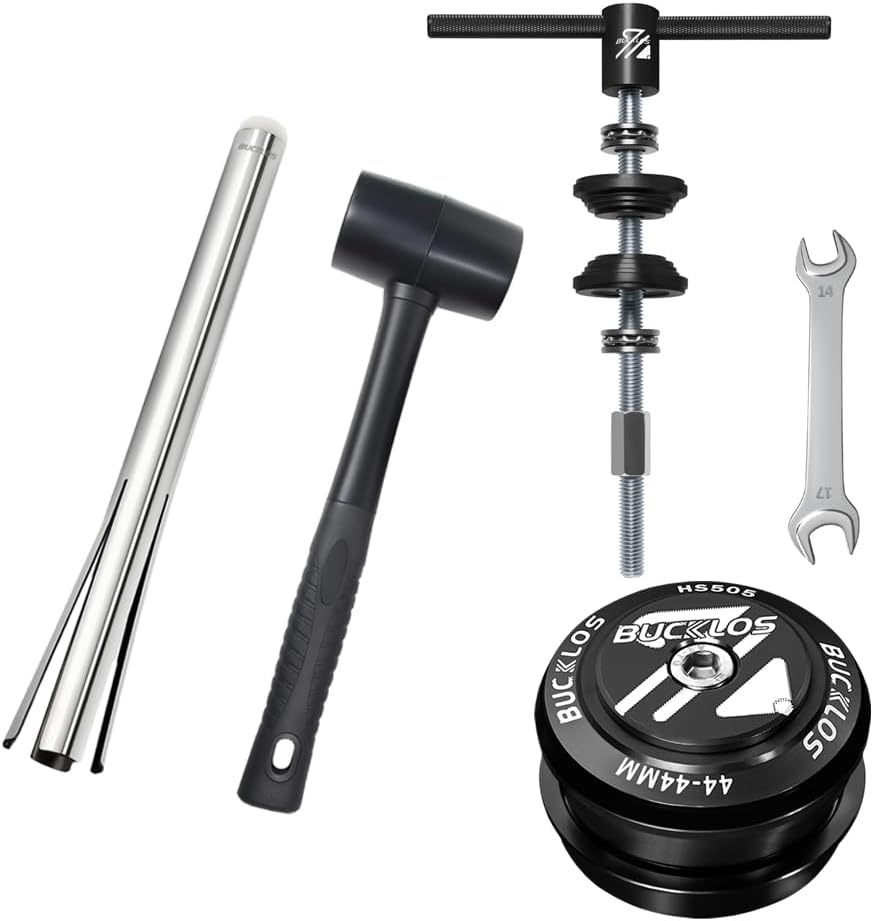 BUCKLOS Bike Headset Cup Removal Tool with Rubber Hammer for -1/8, 1-1/4, 1-1/2 inch for Repair & Headset,Bottom Bracket, Bearing Press-in Tool & 1-1/8 Bike Headset Threadless 44-44mm Black