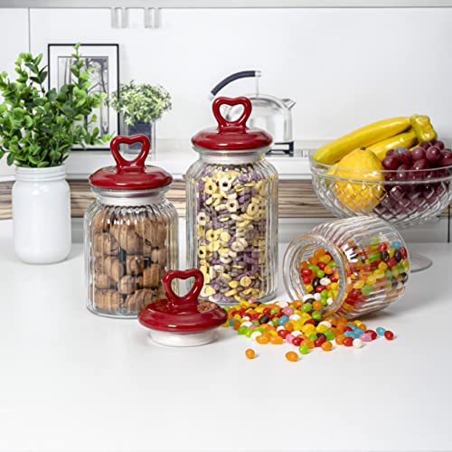 Set Of 3 Decorative Glass Kitchen Canister Set, Cookie Jar, Food Storage Containers, Bathroom Jars, With Airtight Ceramic Lid For Kitchen And Bathroom, Red Heart Handle #TOP3