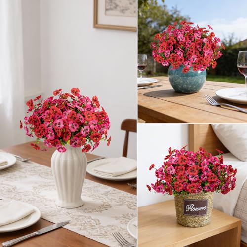 StyleNest 12 Piece Outdoor Artificial Flowers Fake Pansies -Two-Tone Faux Flowers per Stem, UV Resistant for Indoor Outdoor Porch Garden Planters Patio Window Box Home Decor(Red Dark Pink) — view 2