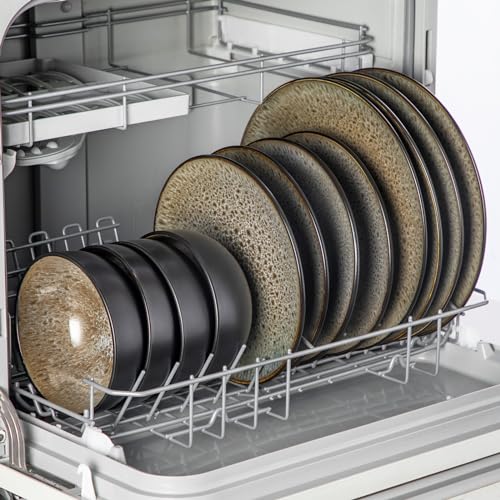 Tafelservice Steinzeug für 4 Personen, vancasso 12-teiliges BUBBLE Kombiservice Set aus Steingut, Geschirrset im Vintage Aussehen, Beinhaltet Müslischalen, Dessertteller und Speiseteller, Braun