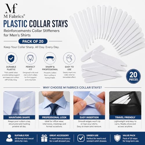 Image of M Fabrics White Plastic Collar Stays Bones Reinforcements Collar Stiffeners for Men's Shirts Formal Dress Accessories Pack of 20 Durable Stays