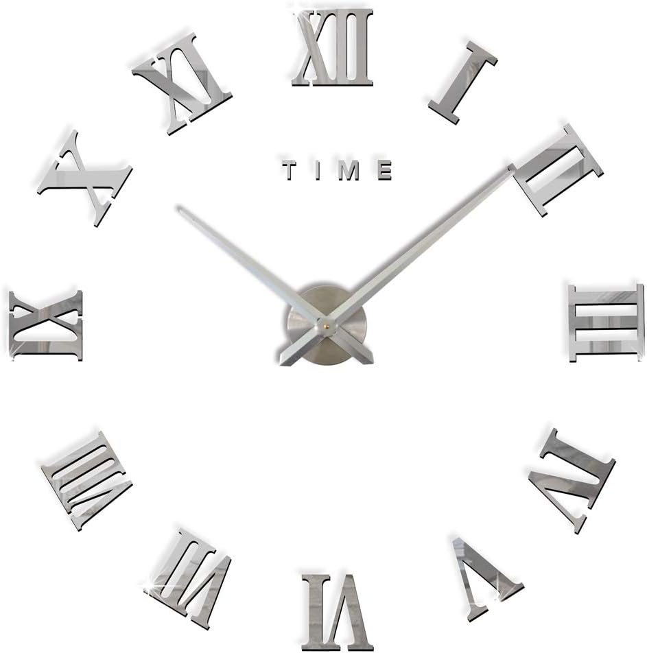 Modern DIY Large Wall Clock Big Watch Decal 3D Stickers Roman Numerals Wall Clock Home Office Removable Decoration for Living Room - Silver (Battery NOT Included)