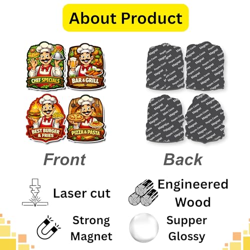 Image of Regalo Casila Chef Theme Fridge Magnets Set of 4 Food Lover Kitchen Decor Wooden Magnets Strong Refrigerator Stickers Bar Grill Burger Pizza Tourism Souvenir Gift