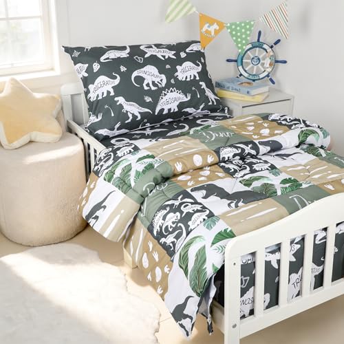 Image of 4 Piece Toddler Bedding Set, Ultra Soft and Breathable Cartoon Dinosaur Toddler Comforter Sets for Boys Includes Quilted Comforter, Fitted Sheet, Flat Sheet and Pillowcase
