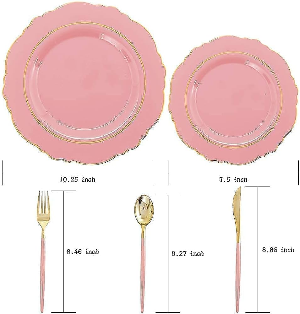 Nervure 100PCS Blue Plastic Plates With Gold Rim&Gold Disposable Silverware with Blue Handle Purple Plastic Plates 100 Packed&Gold Plastic Silverware with Purple Handle