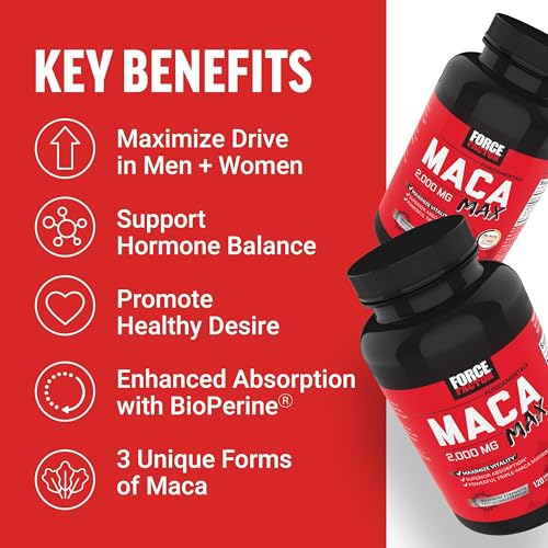 Image of Force Factor Maca Max, Maca Root Capsules to Maximize Vitality & Performance, Made with Black Maca, Red Maca, & Yellow Maca Powder, Maca Root Powder, 2000mg, 120 Capsules