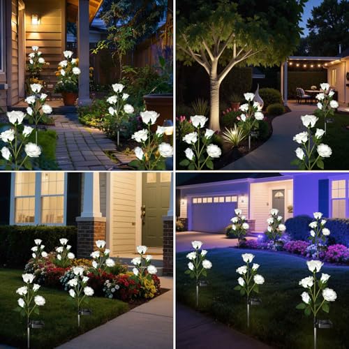 Etre Jeune Solar Garden Lights, Solar Outdoor Lights with More Realistic 10 Rose Waterproof Solar Powered Flowers for Outside Patio Yard Pathway Decorations, 2 Pack White by Etre Jeune - Used condition - Image 6