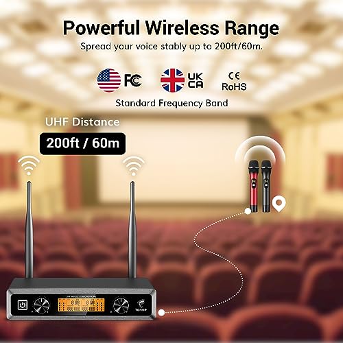 TONOR Wireless Microphones System, 2*15 Channel Metal Professional UHF Cordless Dynamic Handheld Mics with Receiver for Home Karaoke, Meeting, Party, Church, DJ, Wedding, KTV, 200ft, TW-820 Black&Red - Thumbnail 3