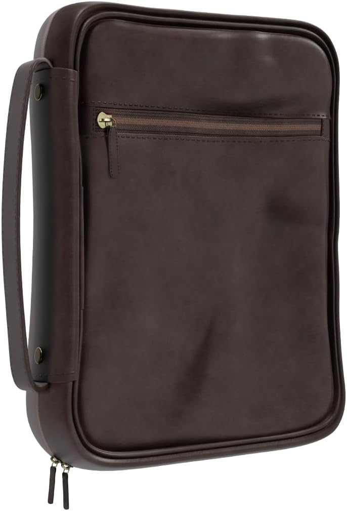 Leather Bible Cover Case - Premium Bible Cover for Men Featuring Soft Suede Lining & Multiple Pockets - Secure Carry Handle & Bookmark Ribbon - Essential Mens Bible Case for Daily Devotion