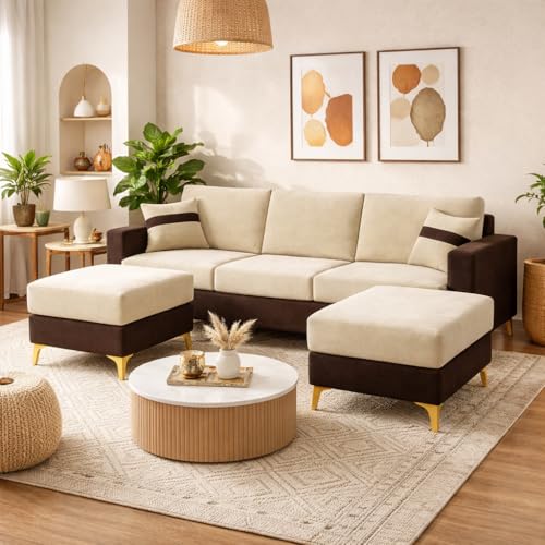 Image of Strike Dual Tone Plush Velvet 3 Seater Sofa Set with 2 Ottoman | Silken Velvet Suede Upholstery | Golden Metal Legs | Designer Sofa for Living Rooms & Office Spaces (Dark Brown & Cream) | Breathable Material