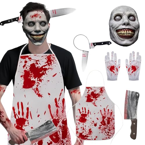 5 Piezas Disfraz Halloween Hombre Adulto, Ensangrentado Disfraces Terroríficos para Halloween con Delantal Halloween Cuchillo Falsos Máscara Diadema Cuchillo para Adultos Cosplay Fotos Fiesta