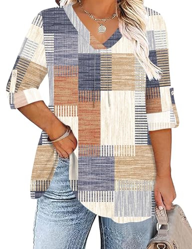 TFSDOD Plus Size Women Blouses 3/4 Sleeve Long Sleeve V Neck T Shirts Summer Business Casual 1X-5X