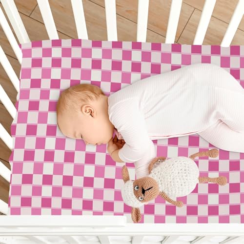 Image of Pink Checkered Fitted Crib Sheets Stretchy Portable Playard Sheets for Baby Toddler, Breathable Soft Mini Crib Mattress 52 x 28 in for Boys and Girls