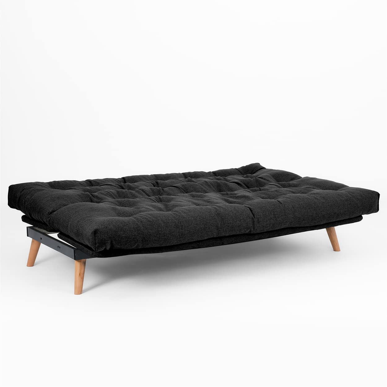 EVERGREENWEB Divano Letto 3 Posti con Materasso Futon Imbottito, Schienale e Testiera Reclinabile Clic Clac e Trasformabile in Comodo Letto una Piazza e Mezza, Tessuto Grigio Scuro Gambe in Legno SAKE