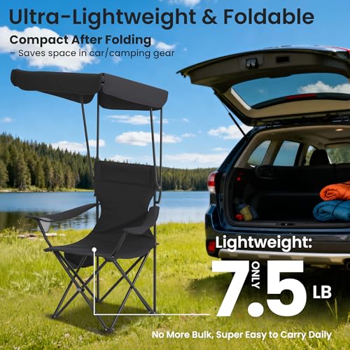Silla de camping portátil 2 unidades con dosel plegable, silla plegable para exteriores con portavasos y bolsillo lateral para camping, senderismo, picnic y playa (Negro) miniatura 7