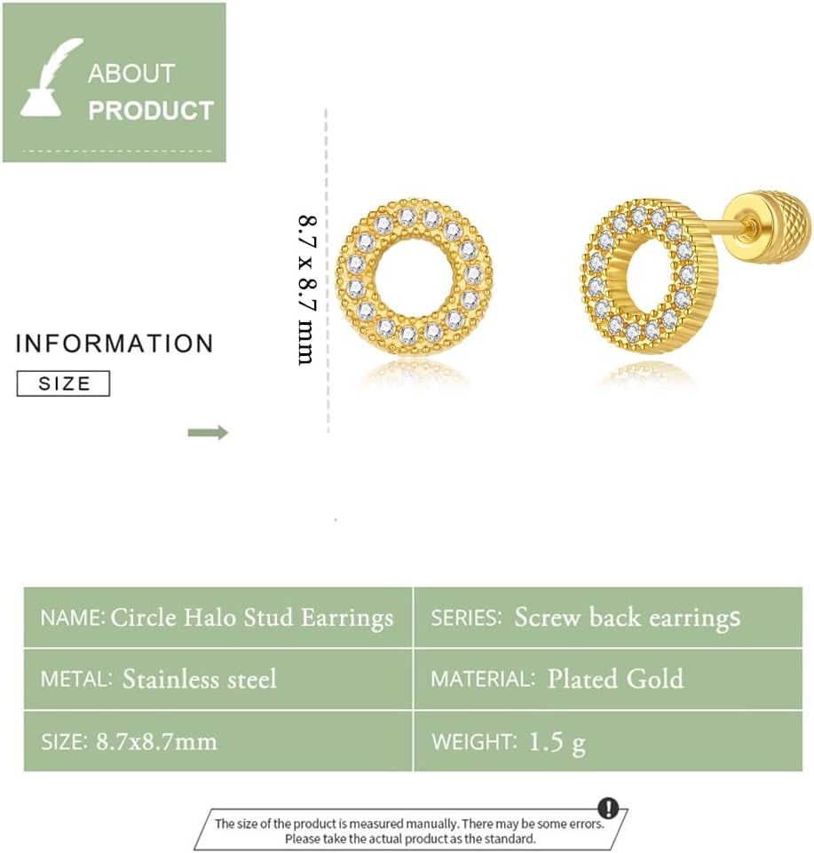 Seraphina 14K Gold Plated Circle Halo Stud Earrings for Women Cubic Zirconia Hypoallergenic Screw Back Flatback Cartilage Helix Earrings - Image 4