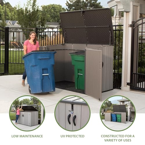 Image of LIFETIME Horizontal Outdoor Storage Shed, Weather Resistant Resin Storage Can Fit Two Large Garbage Cans, Lockable Doors, Spring‑Hinge Lid, Low‑Maintenance Backyard Utility Shed