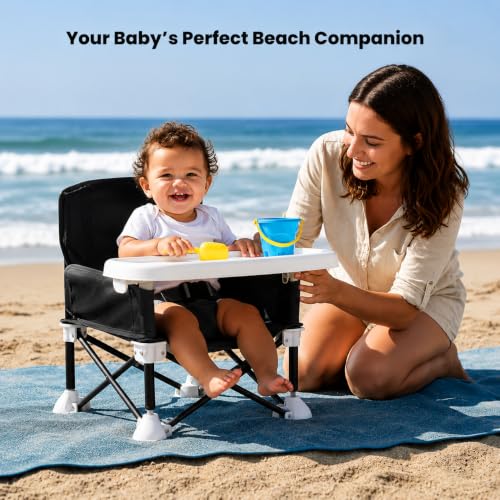 Image of Portable Foldable Baby Dining Chair with Removable Tray & Safety Belt | Travel-Friendly Baby Feeding Chair with Storage Bag | Lightweight Toddler High Chair | Black