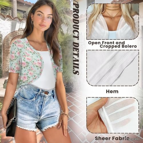 Image of Womens Short Sleeve Cardigans Lightweight Summer Cardigan Trendy Bolero Shrug Cute Floral Cardigan Sheer Bolero