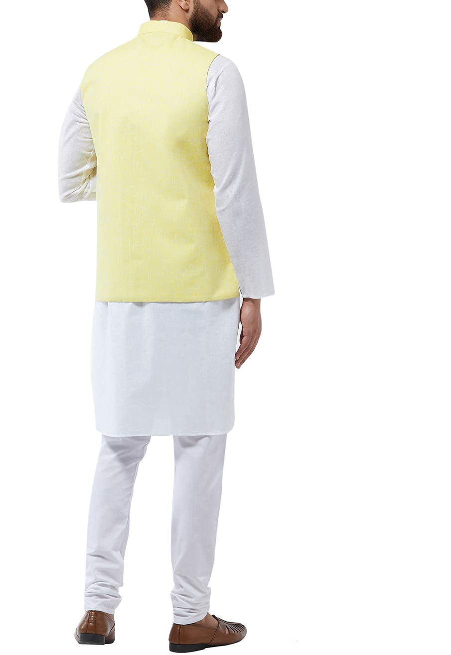 Sojanya (Since 1958 Men's Cotton Linen White Kurta With White Pyjama & Lemon Nehrujacket Combo Size 38
