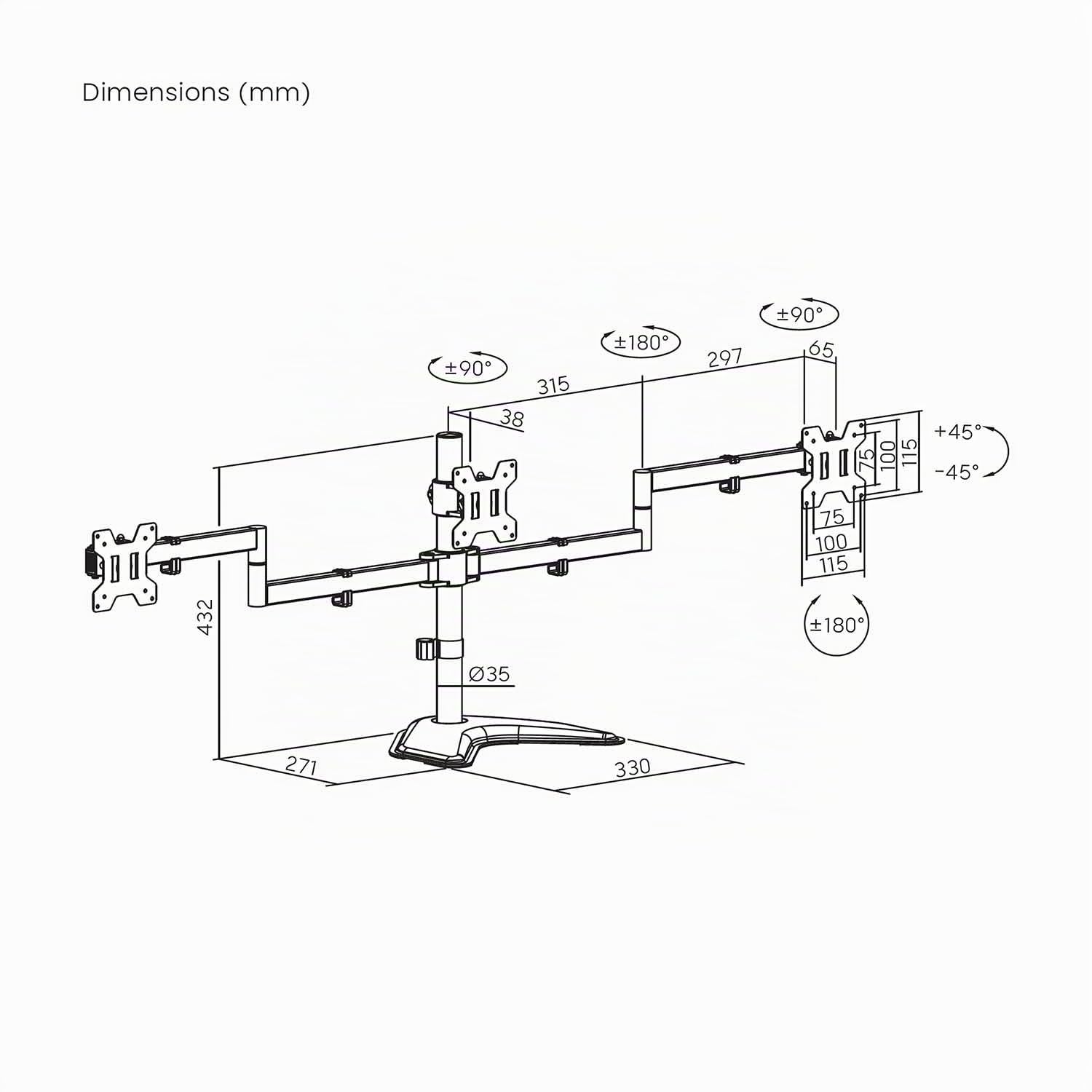 Aisens Support de Table avec Socle Eco Rotatif et inclinable pour 3 écrans 10 kg de 13-27 Noir