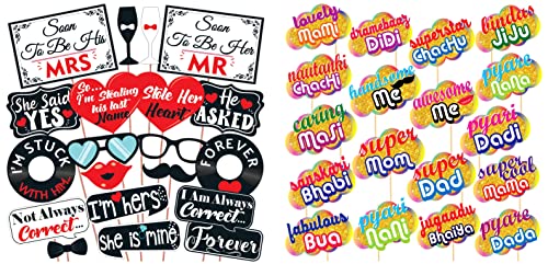 Image of Wobbox All Occasion Indian Family Photo Booth Party Props (18 Pieces) & Pre Wedding Photo Booth Paper Party Props DIY Kit, Red & Black, Pre Wedding Props for Photoshoot 20 Pcs