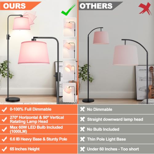 Image of 【Upgraded】 Dimmable Floor Lamp, 1000 Lumens LED Edison Bulb Included, Arc Black Floor Lamps for Living Room Modern Standing Lamp with Pink Shade, Tall Lamps for Living Room Bedroom Office Dining Room