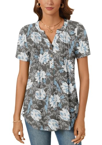 Bestbee Women's Summer Tops Short Sleeve Tunics Dressy Casual Blouses Henley Neck Button-Down Shirts - Image 3
