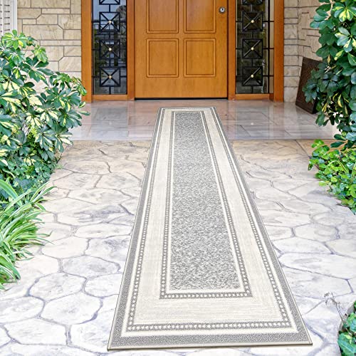 Ottomanson Machine Washable Bordered Design Non-Slip Rubberback 2X7 Traditional Runner Rug For Hallway, Kitchen, Bedroom, Living Room, 1'10" X 7', Light Gray #TOP7