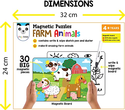 Image of Play Panda Magnetic Puzzles Farm Animals 10 in 1 with 10 Magnetic Puzzles,Write&Wipe Magnetic Board,50+ GK Facts,Sketch Pen&Duster-Make Beautiful Magnetic Animals-Educational Toy for 3+