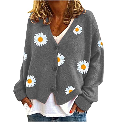 Women Y2K Knitwear Cute Daisy Pattern Cardigans Sweater Teen Girls V-Neck Button Down Long Sleeve Outerwear Tops