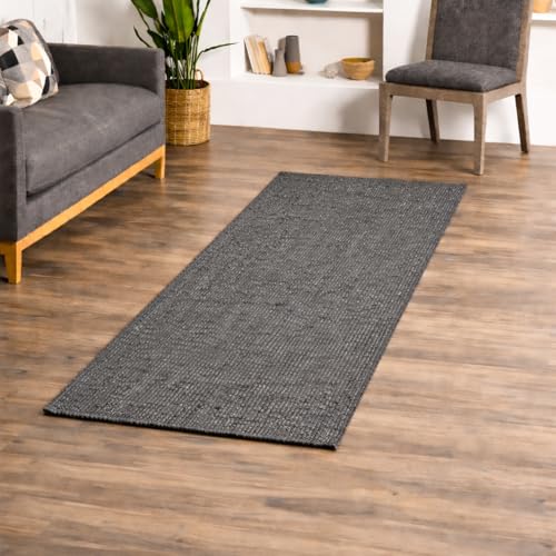 Image of Size 2x5 feet Cotton Braided Runner Rug, Small Throw Runners for Kitchen Bedroom Bathroom Laundry Room, Low-Pile Washable - (Charcoal Rectangular, 2x5 feet)