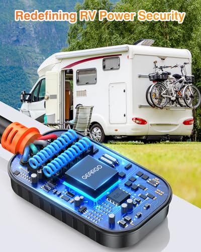 Image of GEARGO ππππ πππ 30 Amp RV Surge Protector, 15000J RV Circuit Analyzer with Intelligent LED Display, IP68 RV Adapter Plug with Waterproof Cover for Camper Travel Trailers