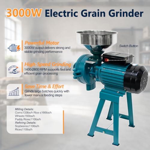 Image of H&ZT 3000W Electric Grain Mill, 110V Corn Wheat Rice Grinder, 2800 RPM | 150mm Grinding Disc, Up to 166 lb /h Output, Galvanized Iron Housing, Dry or Wet & Dry Models for Home and Farm Milling