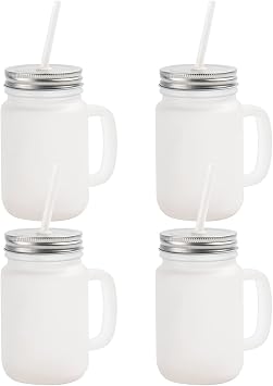 Craft Express 12 OZ Sublimation Glass Mason Jar Blanks Frosted with Handle-Sublimation Tumbler Jar Cups Glass with Lid and Straw-Perfect for Cricut Mug Press Crafting-Set of 4