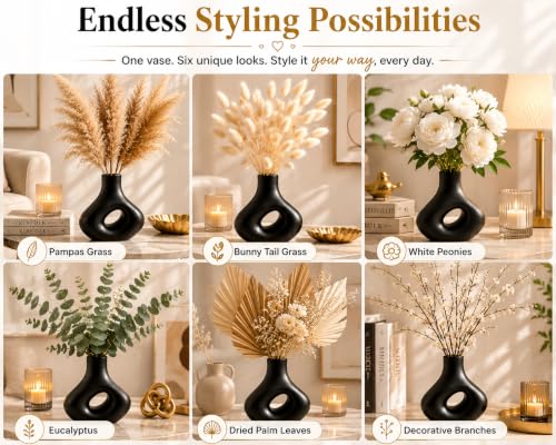 Image of Abstract Ceramic Vase - Modern Matte Black Sculptural Hollow Centerpiece, 21.5 inch cm Decorative Flower Vase for Tabletop, Mantel, Living Room Decor