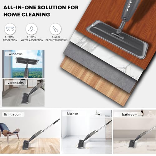 Grauer Wischer mit Sprühfunktion, 360° drehbarer Bodensprühwischer mit 3 waschbaren Mikrofaserpads, 360 ml nachfüllbarem Wassertank, leichter Nasssprühmopp-Bodenwischer für Zuhause, Küche