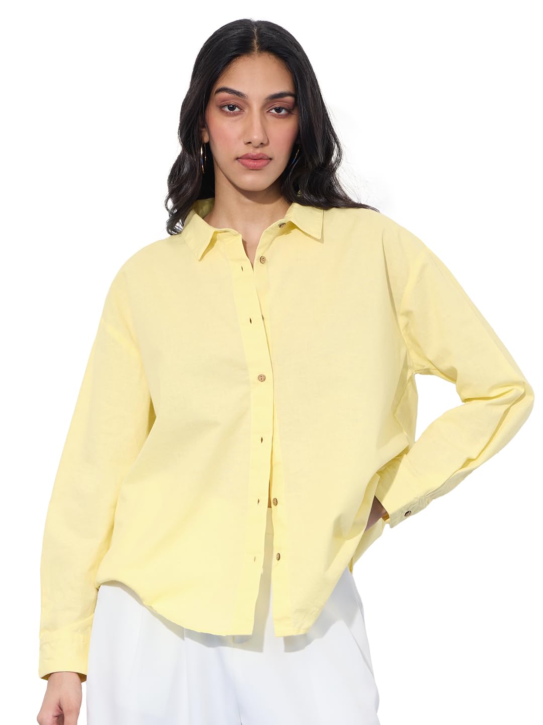 Cotton Linen Shirt: Butter Yellow Women and Girls Long Sleeve Collared Neck Button Front Solid Oversized Fit Breathable Cotton Linen Shirt