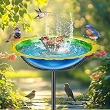 Metal Bird Bath for Outdoors Garden Birdbath Bowl, Freestanding Bird Feeders for Outside with 4 Prongs Base Stake, Standing Birdfeeders for Yard Lawn Decor (Blue Yellow)
