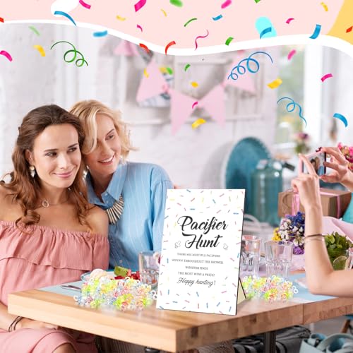 Image of Thyle 51 Pcs Confetti Sprinkle Baby Shower Games It's a Baby Sprinkle Party Decoration Pacifier Hunt Sign and 50 Acrylic Pacifiers Rainbow Confetti Sweet Donut Gender Reveal Party Decor