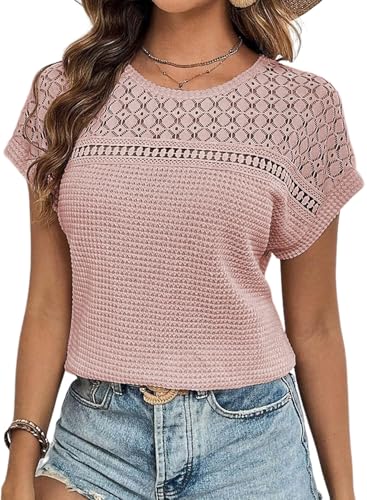 Dokotoo Damen Bluse Sommer Spitzen Kurzarm Blusenshirt Rundhals...