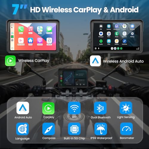 Image of Wonvon 7 inch Motorcycle CarPlay Display Wireless Apple CarPlay & Android Auto GPS Navigation 2K Dual Dash Cam IP69 Waterproof Anti-Glare Screen with Quick Release Mount(Support TPMS, Buy Separately)