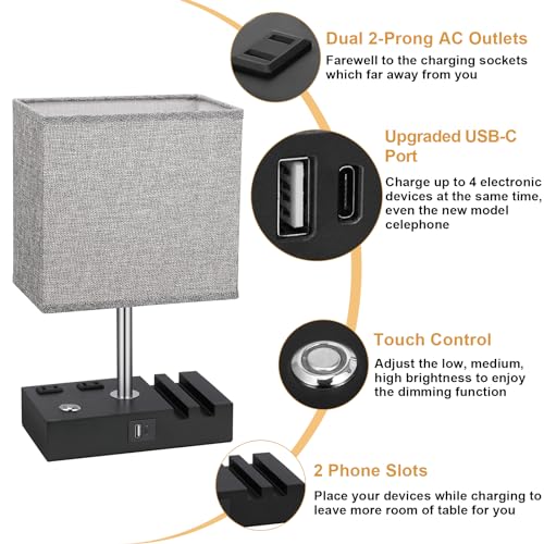 Kakanuo Nightstand Lamp for Bedroom with Dual USB Ports, Grey Touch Control Bedside Table Lamp with Charging Outlets and Phone Stands, 3-Way Dimmable Desk Lamp for Living Room, LED Bulb Included by Kakanuo - Used condition - Image 5