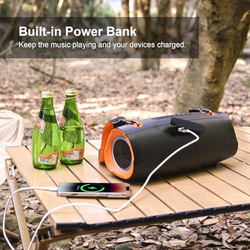Image of DOSS Extreme Boom Pro D100 Bluetooth Speaker with 140W Peak, 70W Bold Sound, Extra Bass, 24H Playtime, Beat-Sync Lights, Built-in Power Bank, IPX6 Waterproof, Portable Strap for Hiking, Camping-Orange