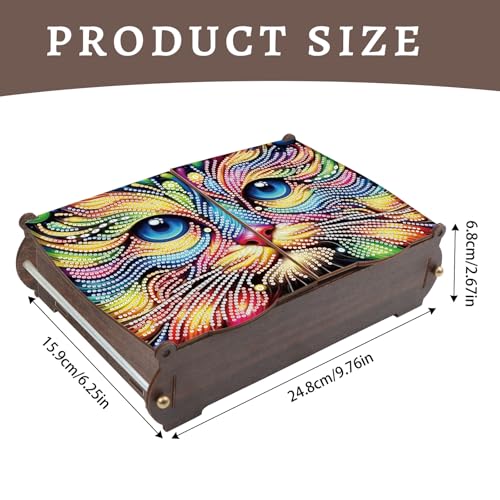 Image of MVVMTOP Diamond Painting Kit Wooden Storage Box, Colorful cat DIY Special Shaped Diamond Flip Cover Wooden Money Box, Handmade Art Desktop Decorations Birthday Gifts for Friends